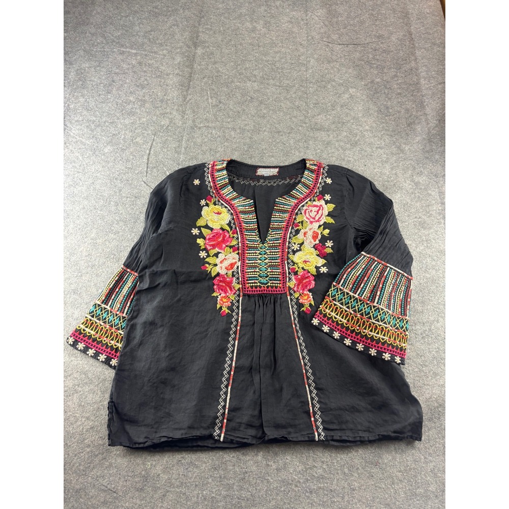 Johnny Was Workshop Black Ramie Embroidered Floral Boho Tunic Blouse Womens M